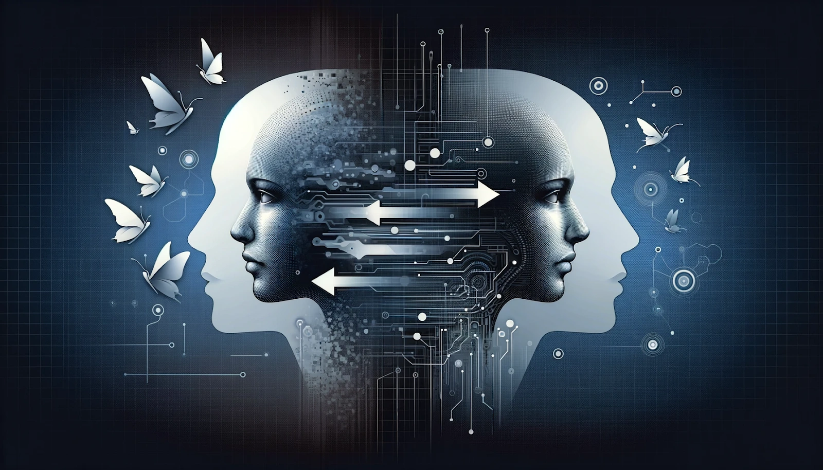 Digital illustration of two human profiles facing opposite directions, with one side showing a human face and the other side depicting a robotic or artificial intelligence face, surrounded by abstract technological elements and butterflies.
