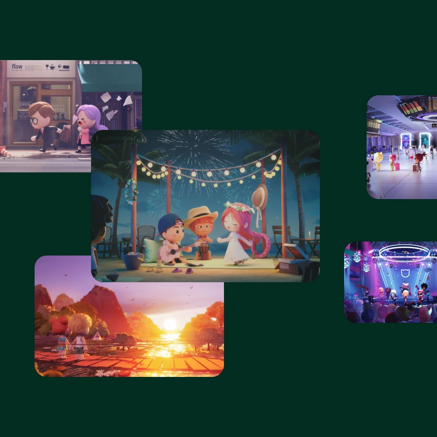 Animated characters performing and enjoying various activities in different vibrant settings.