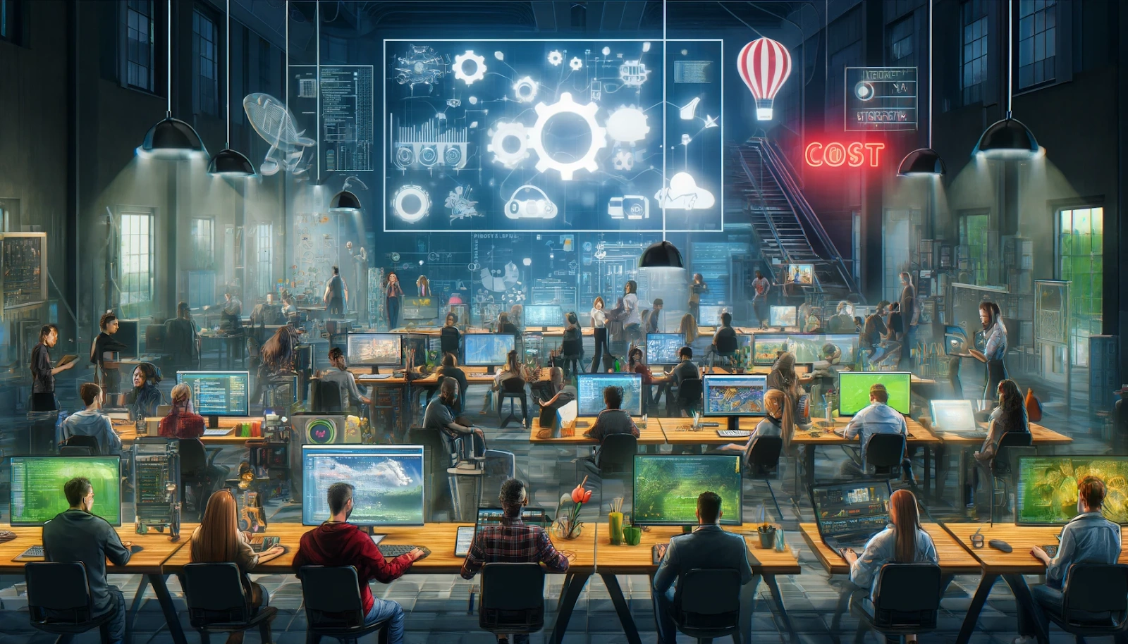A busy high-tech office or innovation lab with people working at computers, large digital screens, and futuristic graphics on the walls.