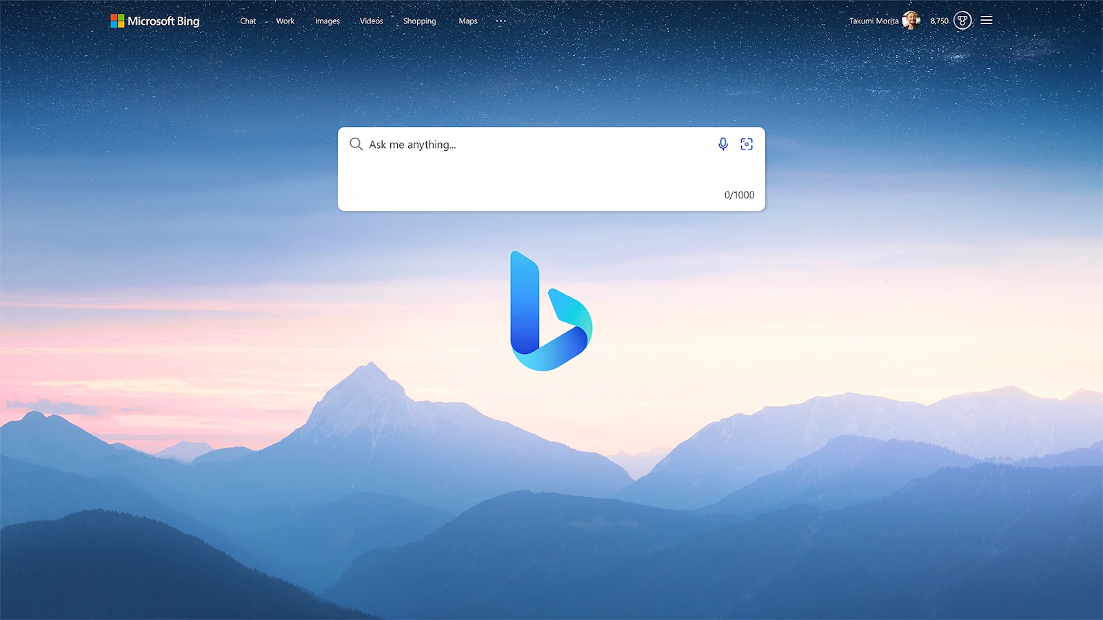 Screenshot of the Microsoft Bing homepage with a mountain landscape background, a search bar in the center, and user profile information in the top right corner.