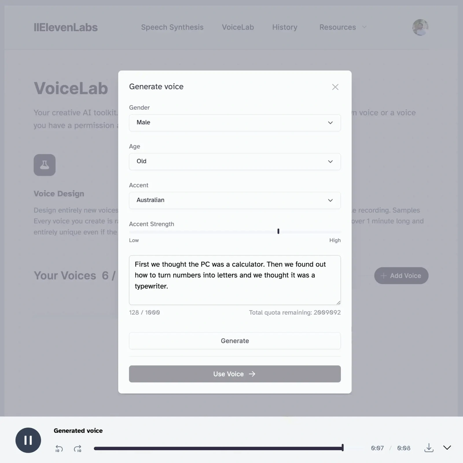 A screenshot of a voice generation interface with options for gender, age, accent, and accent strength, and a text box containing a short story about a computer and a typewriter.