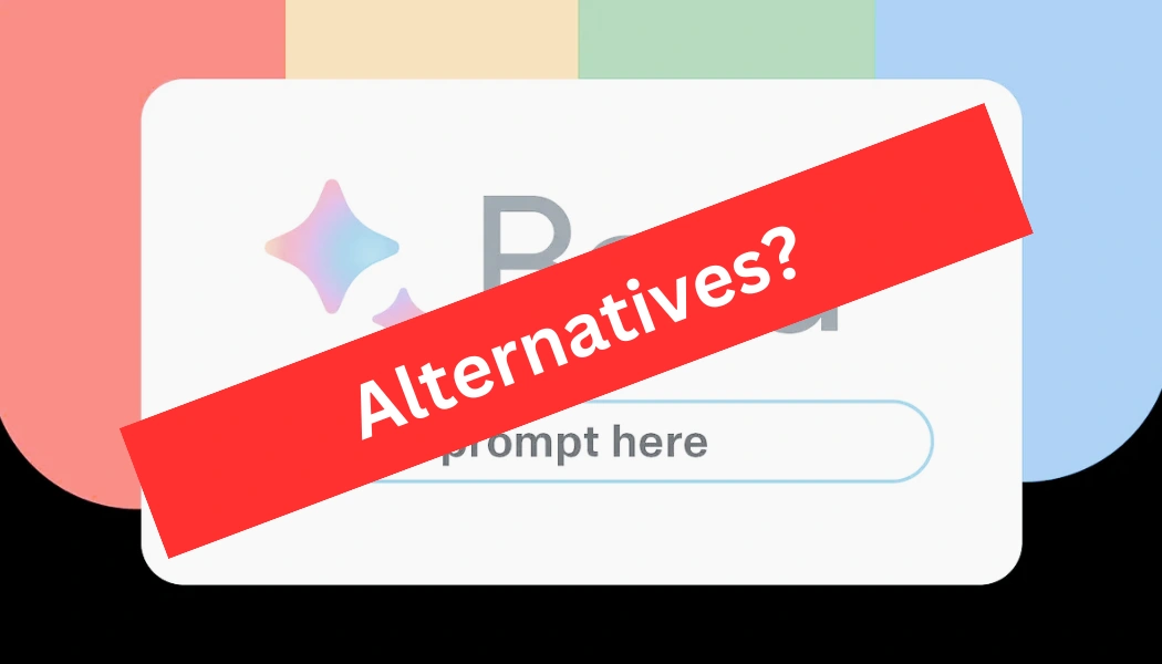 Red banner with white text reading "Alternatives?" over a blurred background of a chatbot interface.