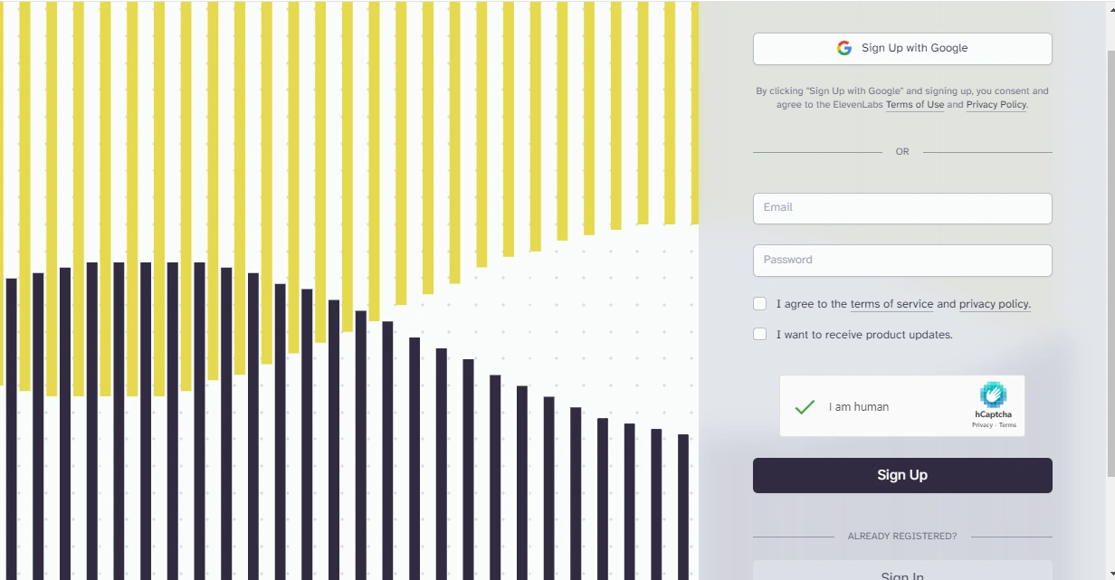 Sign-up form with Google option, email and password fields, CAPTCHA, and sign-up button.