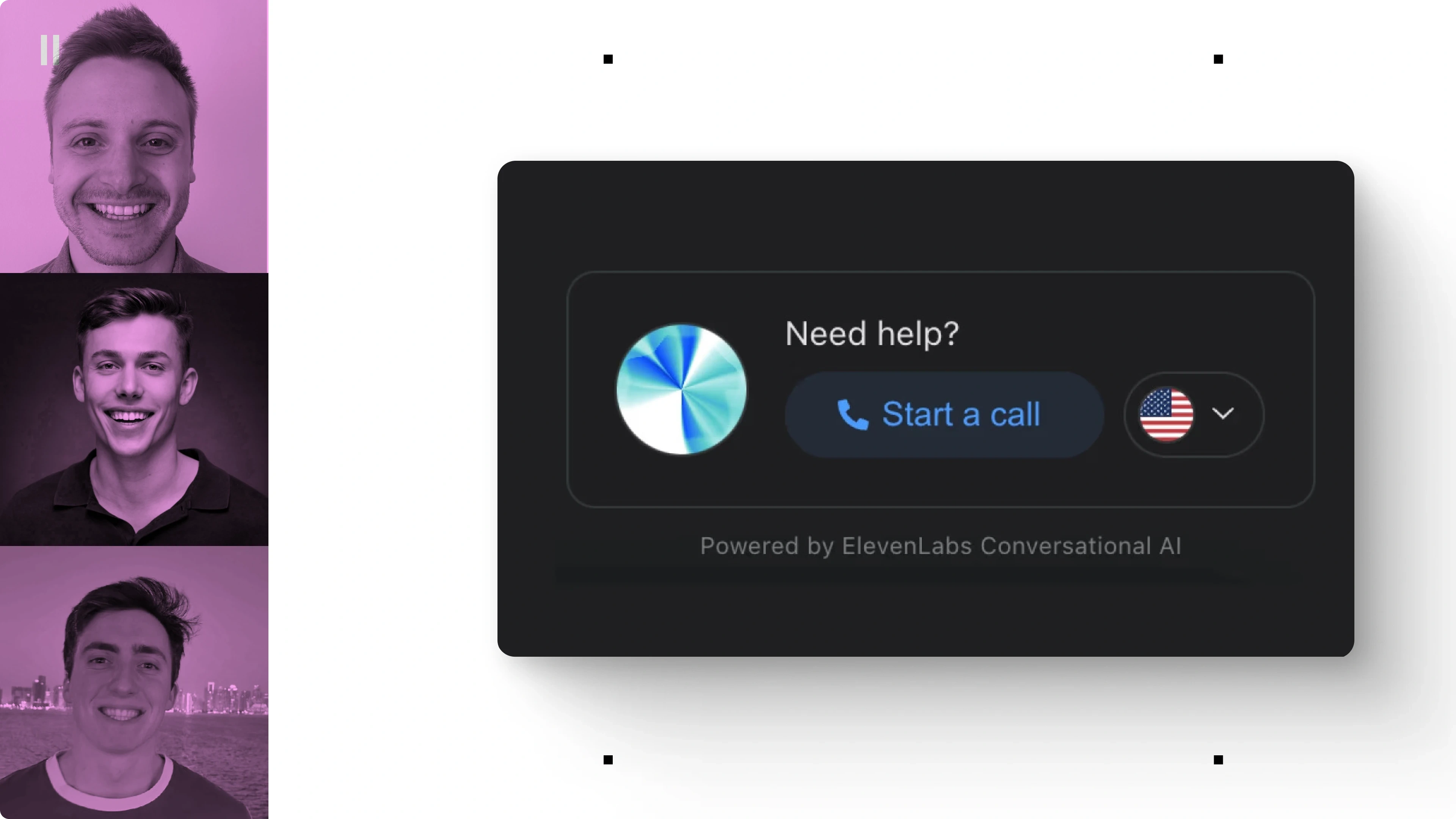 Dialog box with a "Need help?" message, a "Start a call" button, and a US flag icon.