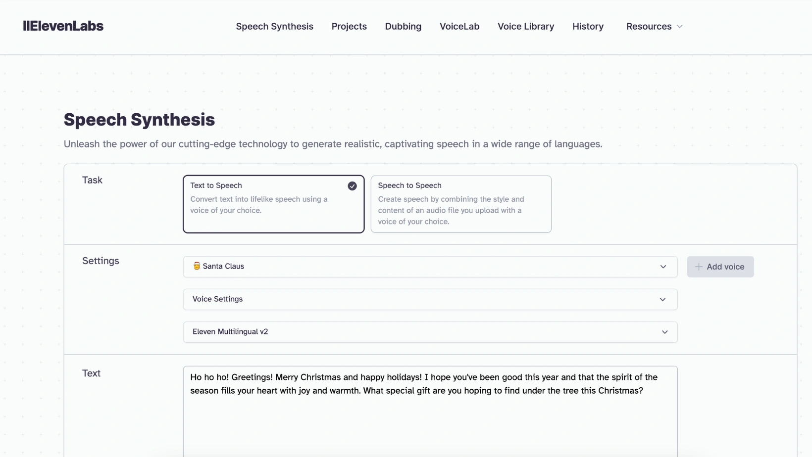 Screenshot of the ElevenLabs Speech Synthesis webpage with options for text-to-speech, voice settings, and a Christmas greeting message.