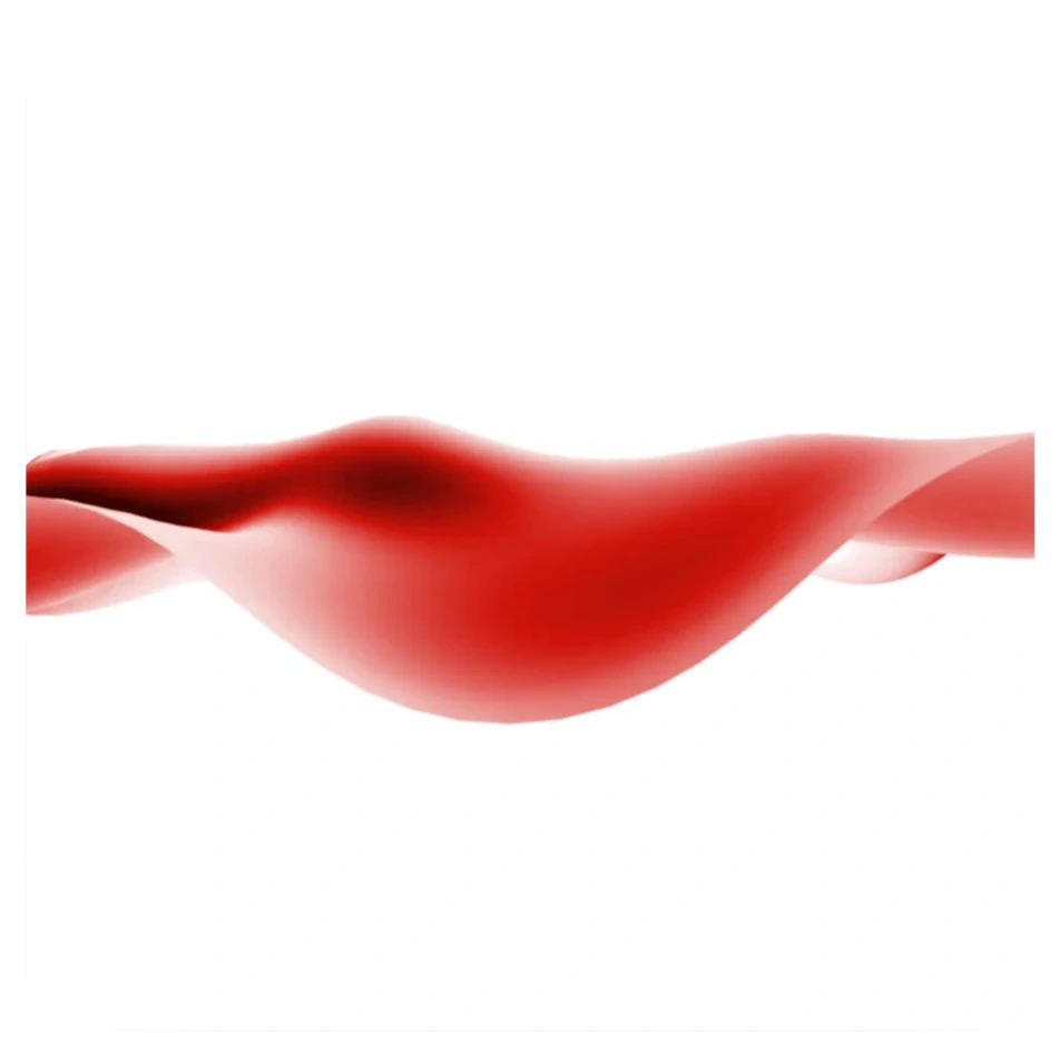A red, abstract, flowing shape on a white background.
