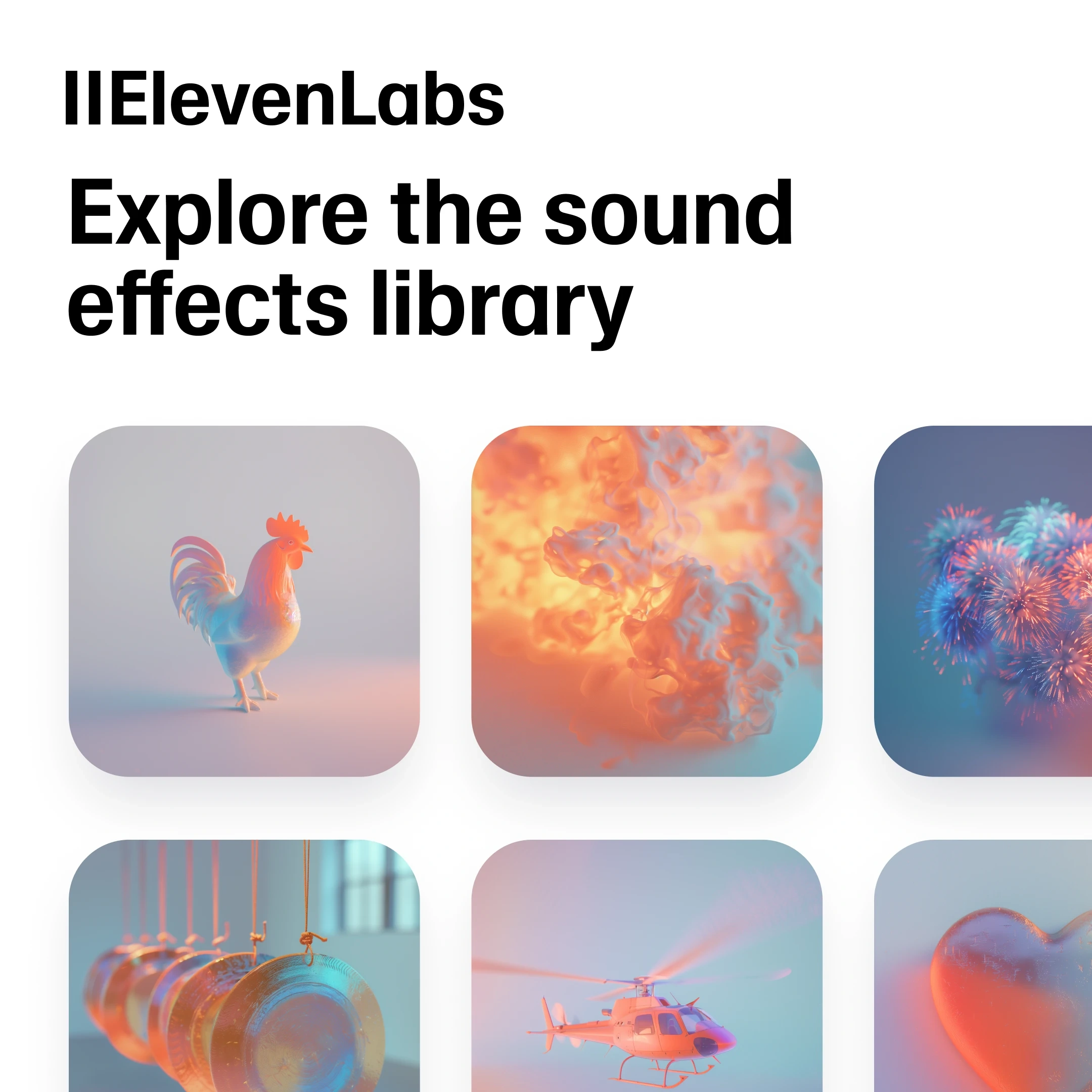 Explore the sound effects library with images of a chicken, colorful smoke, fireworks, tuning forks, a helicopter, and a heart.