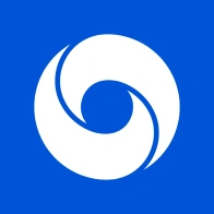 White spiral symbol on a blue background.