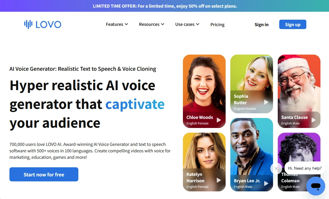 A webpage featuring LOVO AI voice generator with images of diverse people, including a woman with dark hair, a woman with blonde hair, Santa Claus, and others, along with text promoting the service.
