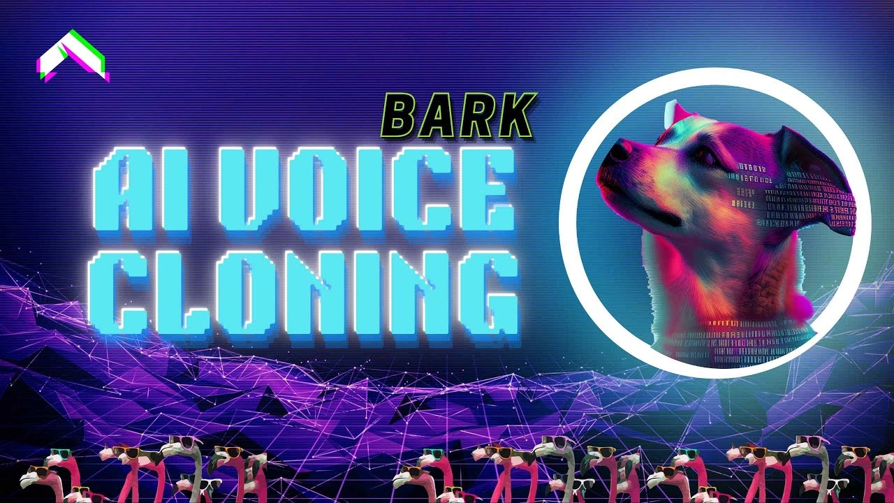 Digital illustration of a dog with a colorful, glitchy appearance inside a white circle, with the text "BARK AI VOICE CLONING" and a futuristic, neon background.