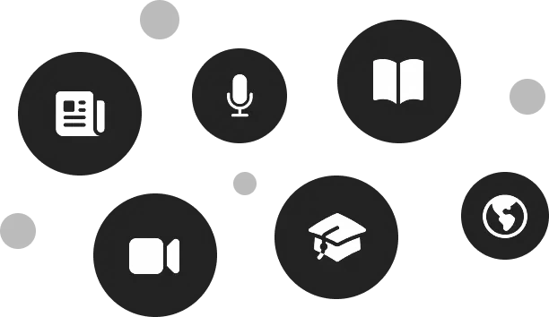 Icons representing communication, recording, reading, video, education, and global connection.