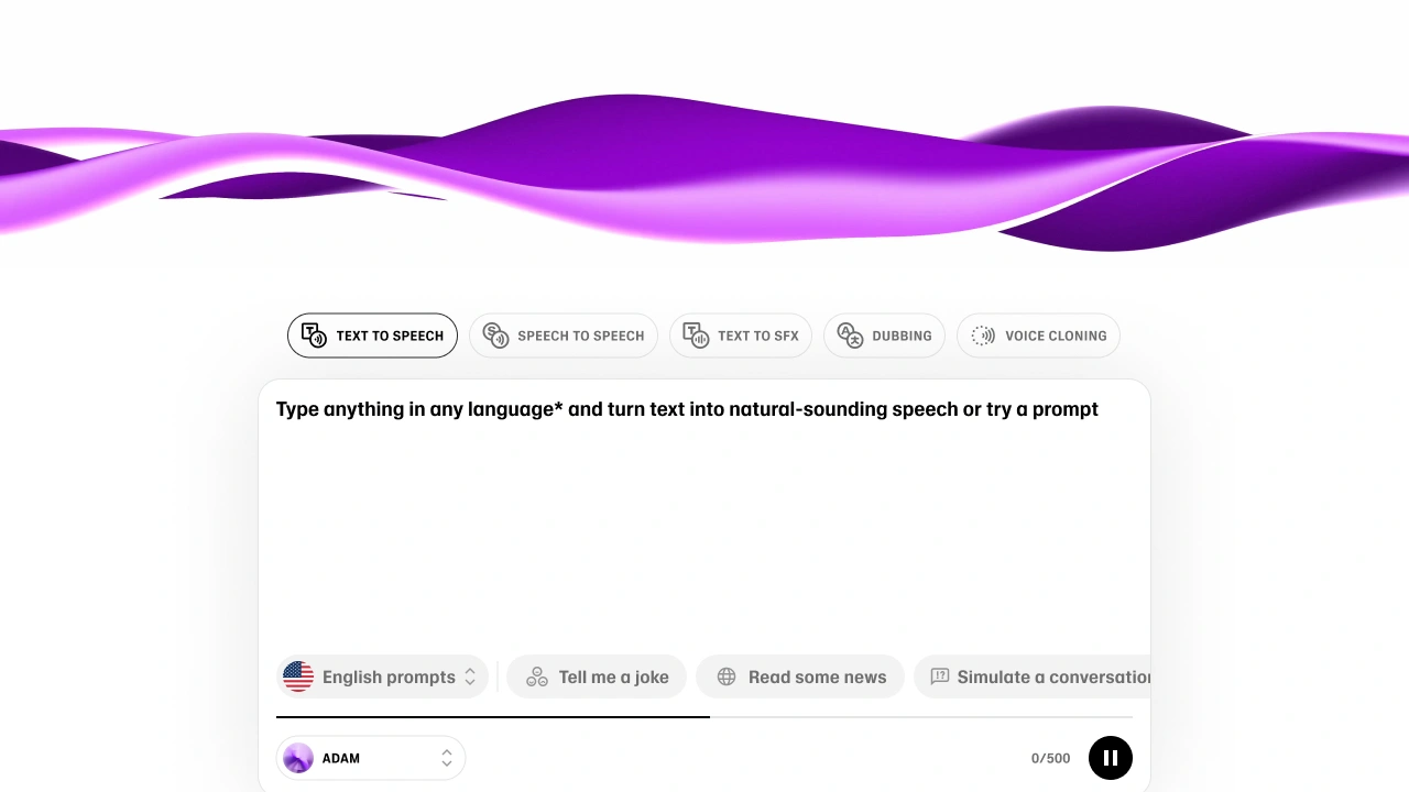 A digital interface with options for text-to-speech, speech-to-speech, text-to-SFX, dubbing, and voice cloning, featuring a text input box and a purple wave design at the top.