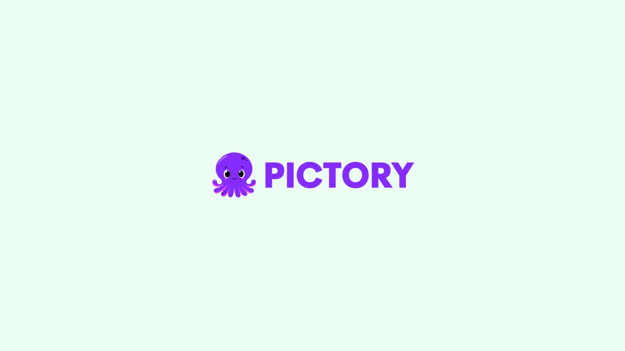 A purple cartoon octopus with a smiling face next to the word "PICTORY" in bold purple letters on a light green background.