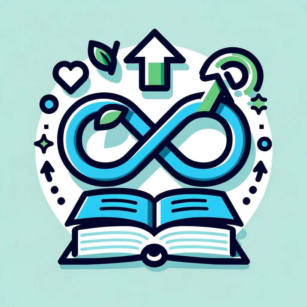 An open book with an infinity symbol, arrows, leaves, and icons representing growth, learning, and sustainability.