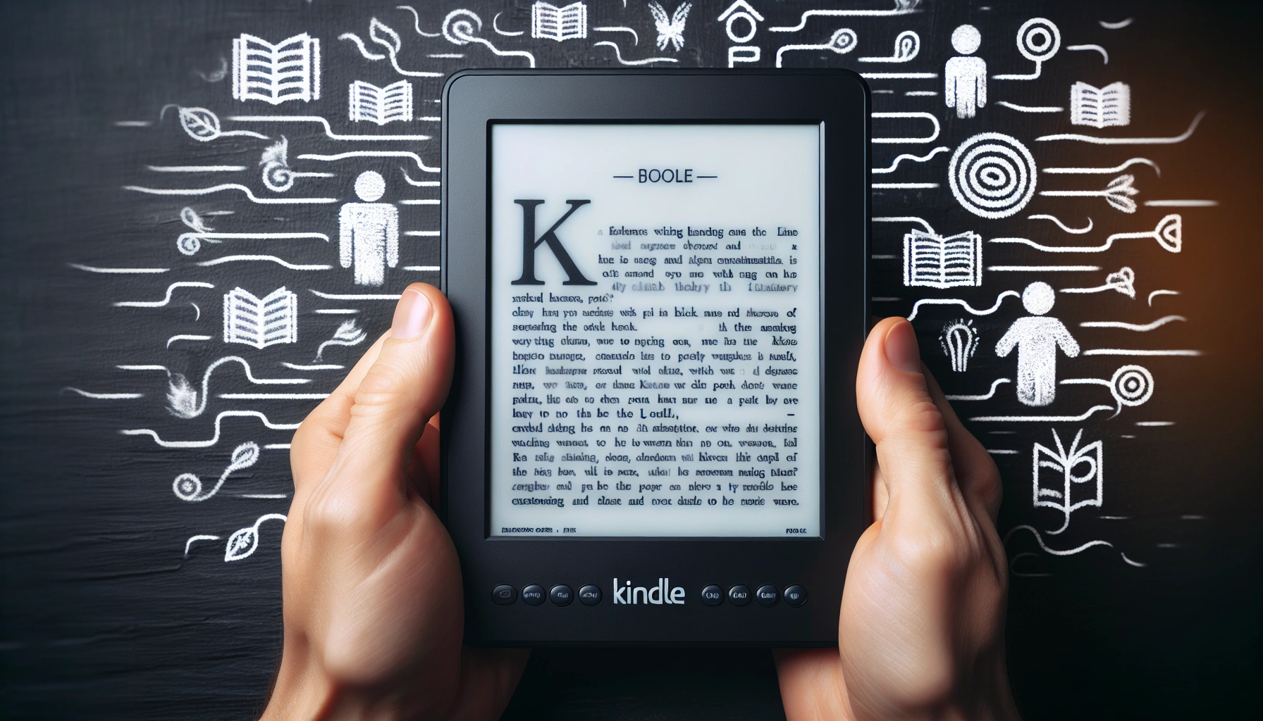 Hand holding a Kindle e-reader displaying text, with chalk drawings of books, people, and symbols on a blackboard background.