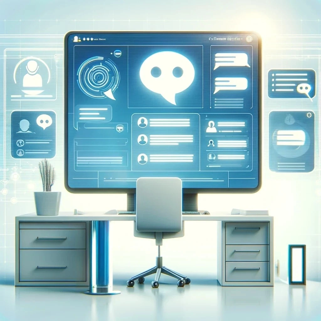 A computer desk with a large monitor displaying chat and social media icons, surrounded by floating digital interface elements.