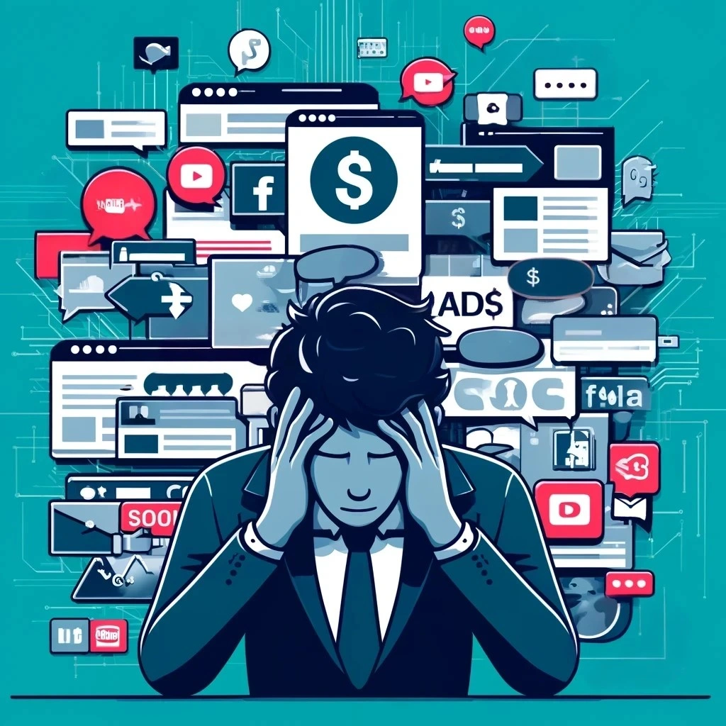 A person in a suit holding their head with numerous social media and digital icons surrounding them, indicating stress or overwhelm.