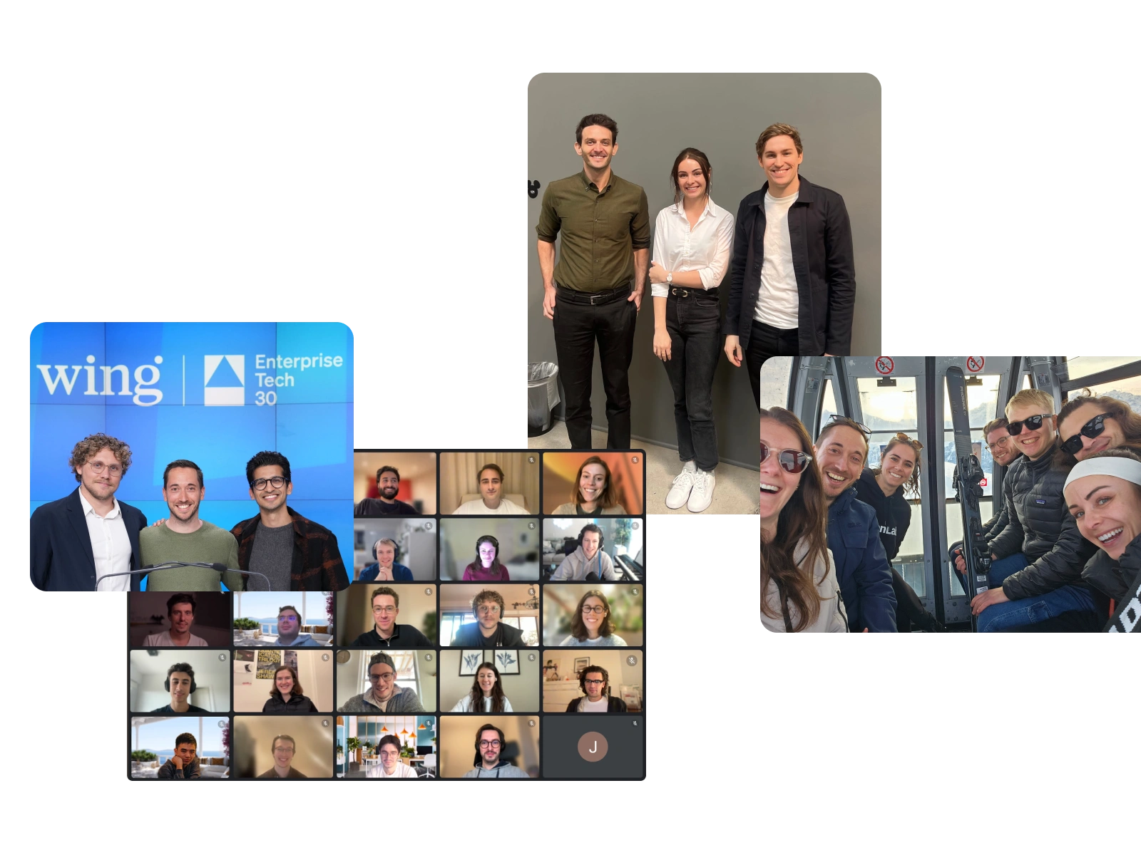Group of people in a virtual meeting, some in a conference room, others on a video call, and a few in a helicopter.