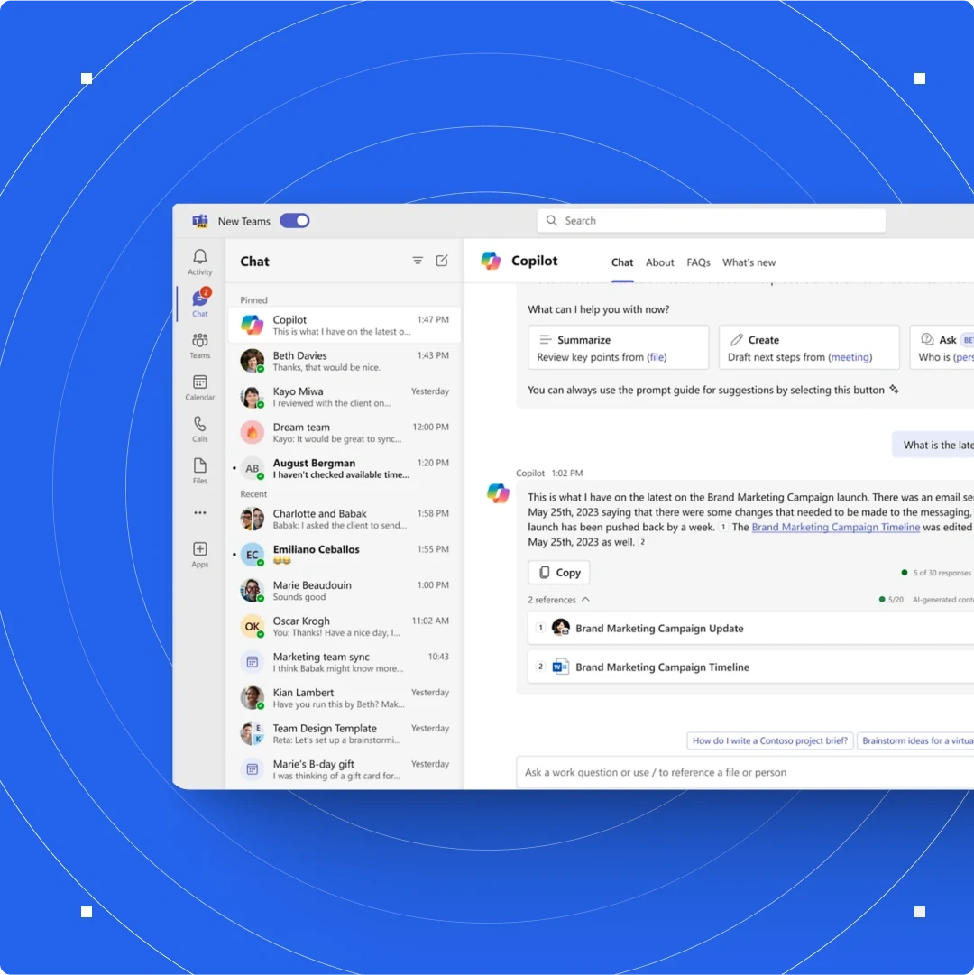 Screenshot of a Microsoft Teams chat window with a conversation about a brand marketing campaign.