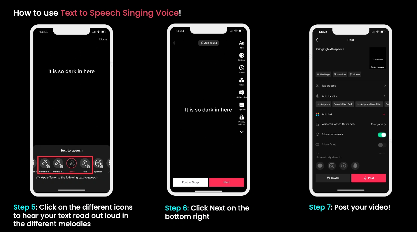 Screenshots showing steps to create a text-to-speech video on a mobile app, including selecting voice options, clicking next, and posting the video.