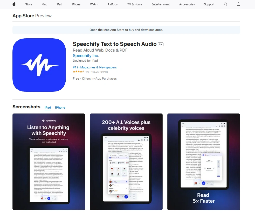 App Store preview for Speechify Text to Speech Audio app, showing app icon, description, ratings, and screenshots of the app interface.