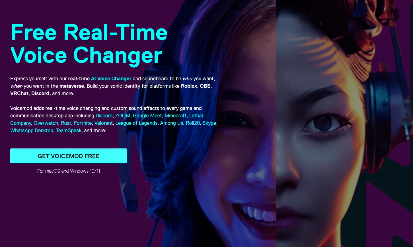 A person wearing headphones, smiling on the left side of the image, with a close-up of their face on the right side.