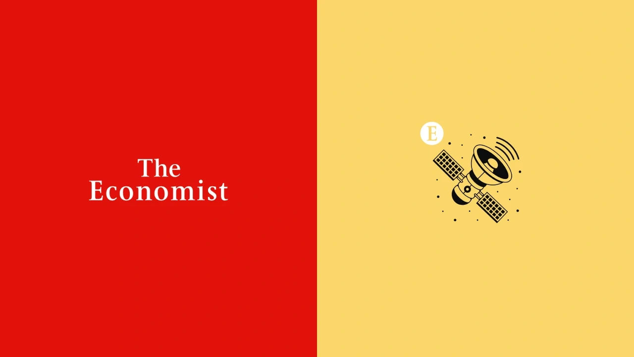 The Economist logo with a satellite illustration on a split red and yellow background.