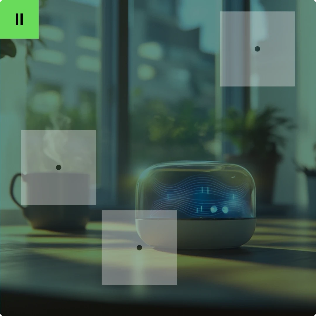 A smart speaker with a digital display on a table, with a coffee mug and plants in the background.