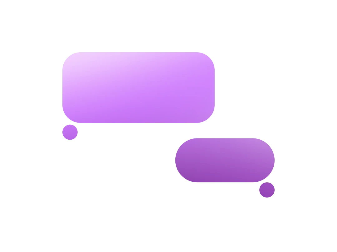 Two purple speech bubbles with gradient shading, one larger and one smaller, connected by small circles.
