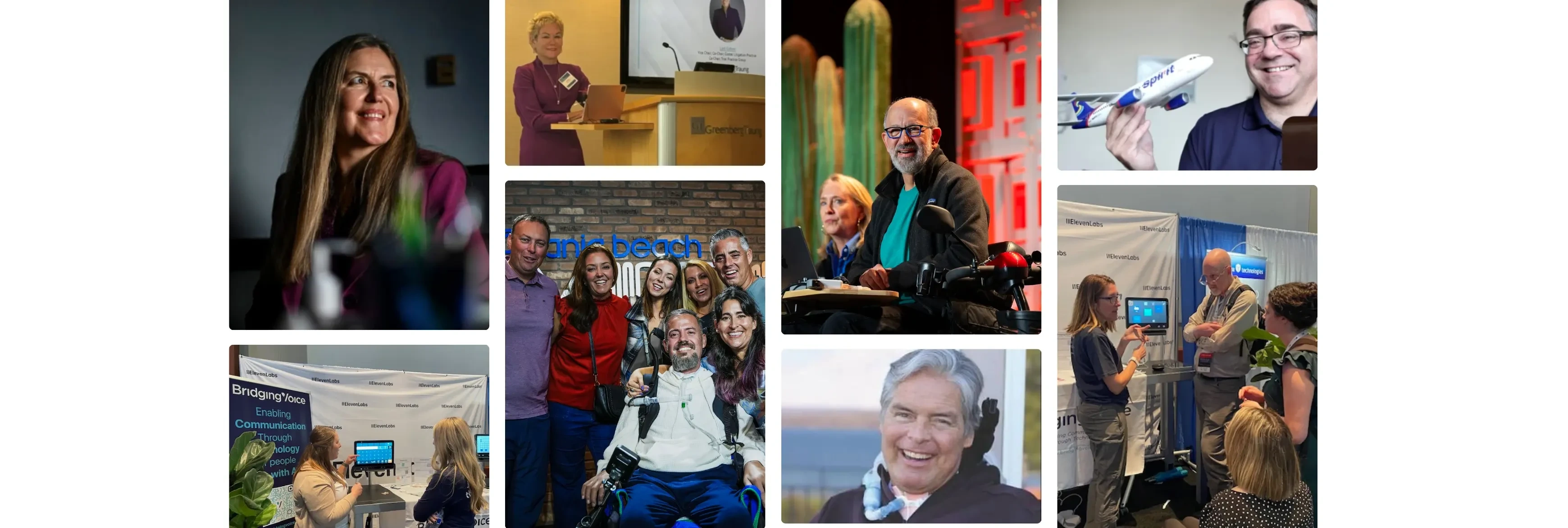 Collage of people at various conferences and events, engaging in presentations, discussions, and group photos.