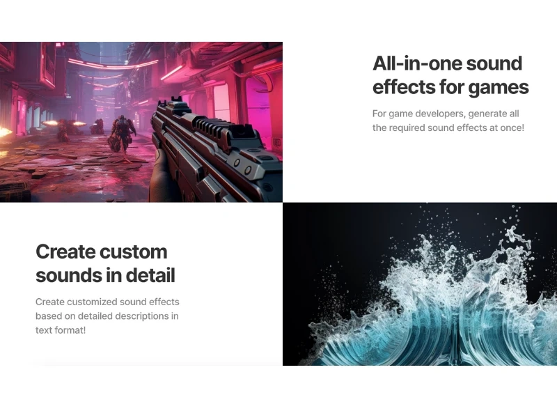 A digital collage featuring a first-person shooter game scene, text about sound effects for games, and an abstract image of water splashes.