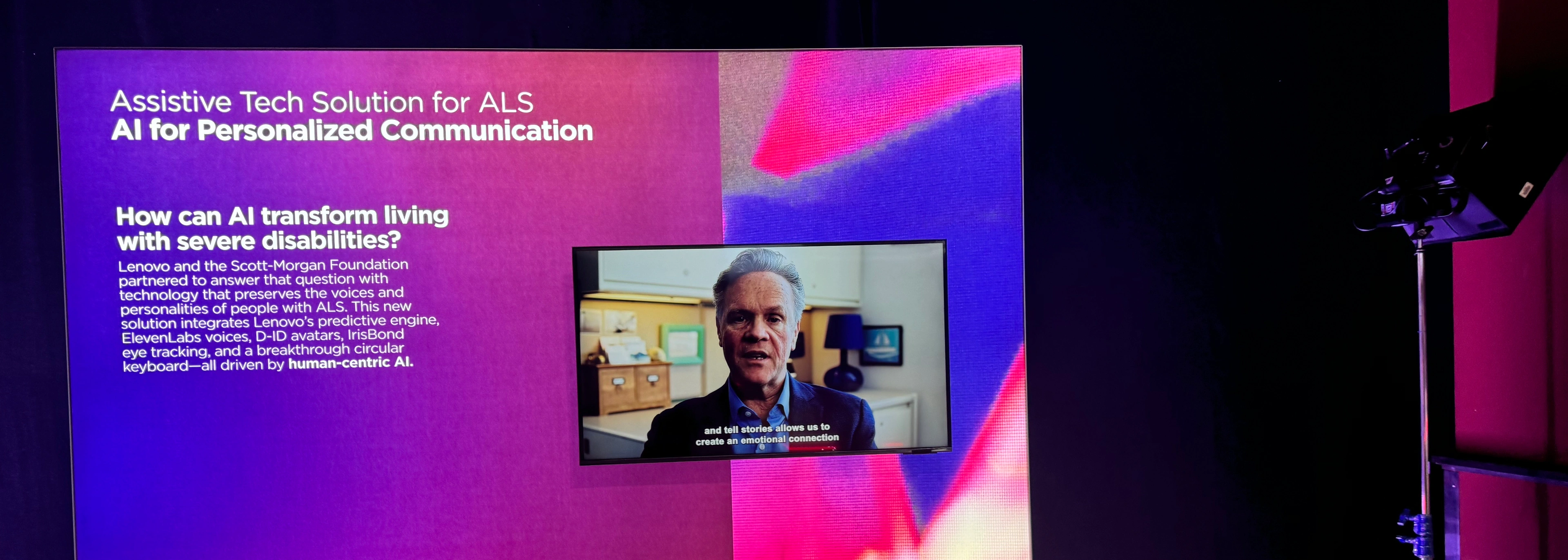 A presentation slide titled "Assistive Tech Solution for ALS" with a video of a man speaking, and a purple and pink gradient background.