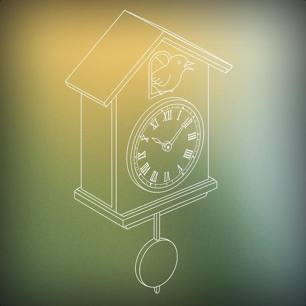 Cover of A stylized cuckoo clock with a prominent bird emerging from a small door at the top, and a single large pendulum hanging below the clock face for Cuckoo Clock sound effects