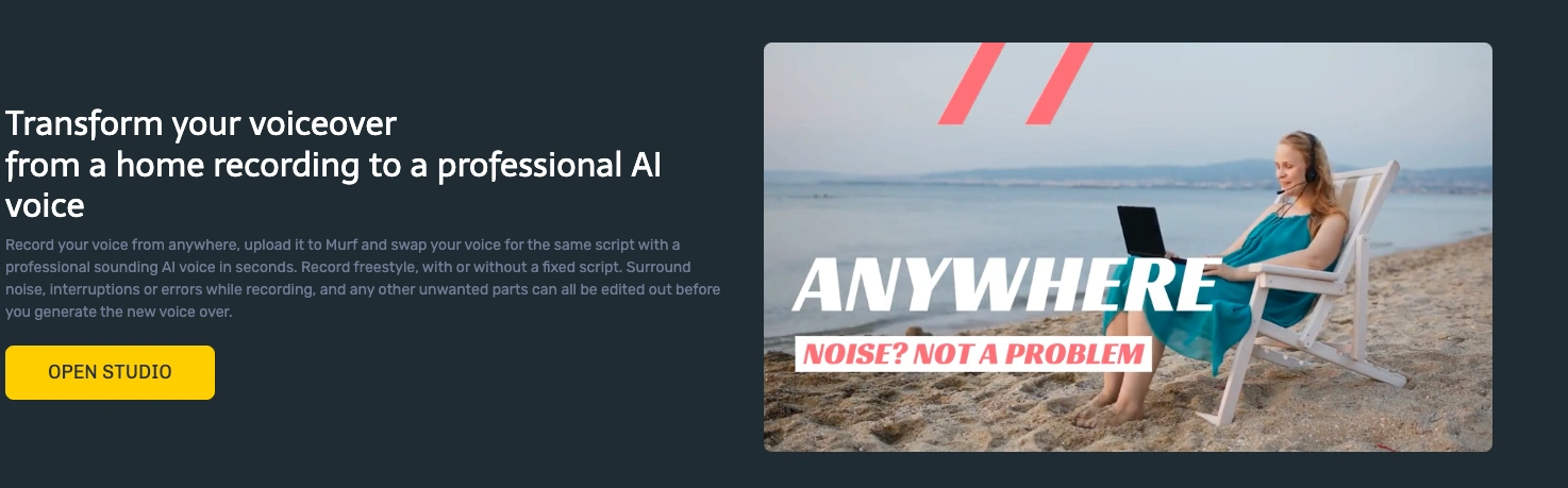 Woman sitting on a beach chair using a laptop, with text overlay "ANYWHERE NOISE? NOT A PROBLEM".