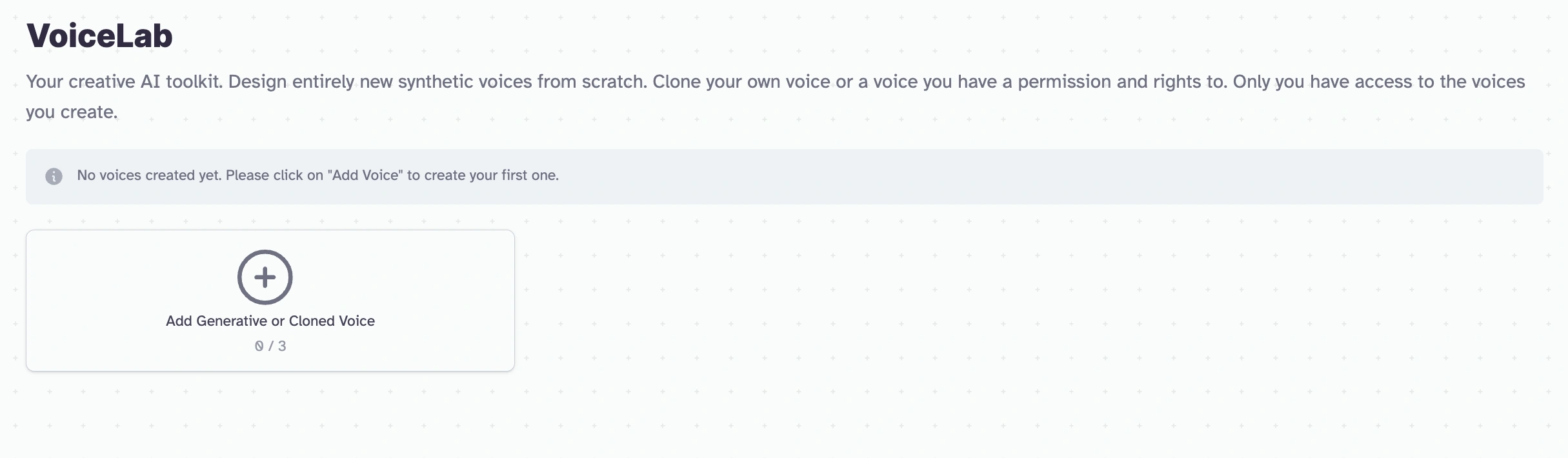 Screenshot of the VoiceLab AI toolkit interface with an option to add a generative or cloned voice.