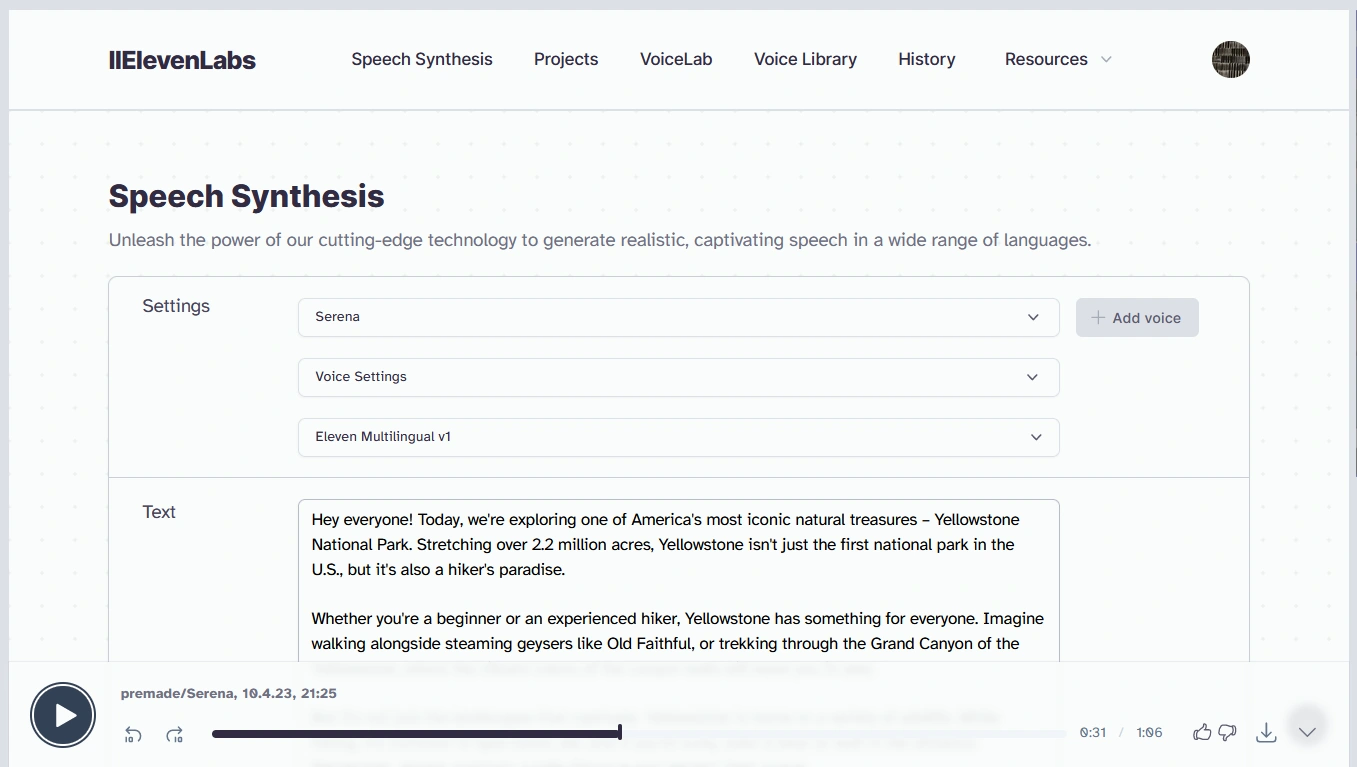 Screenshot of a webpage titled "Speech Synthesis" with text-to-speech controls and a text box containing information about Yellowstone National Park.
