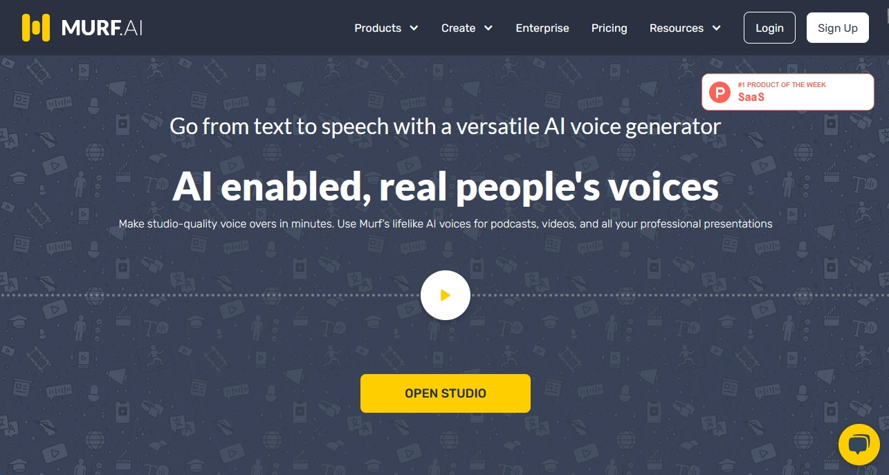 Screenshot of the MURF.AI homepage with a dark blue background, white text, a yellow "Open Studio" button, and navigation menu options at the top.