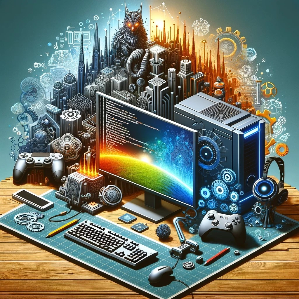 A futuristic gaming and technology setup with a large monitor, gaming controllers, headphones, and a cityscape with a robotic owl in the background.