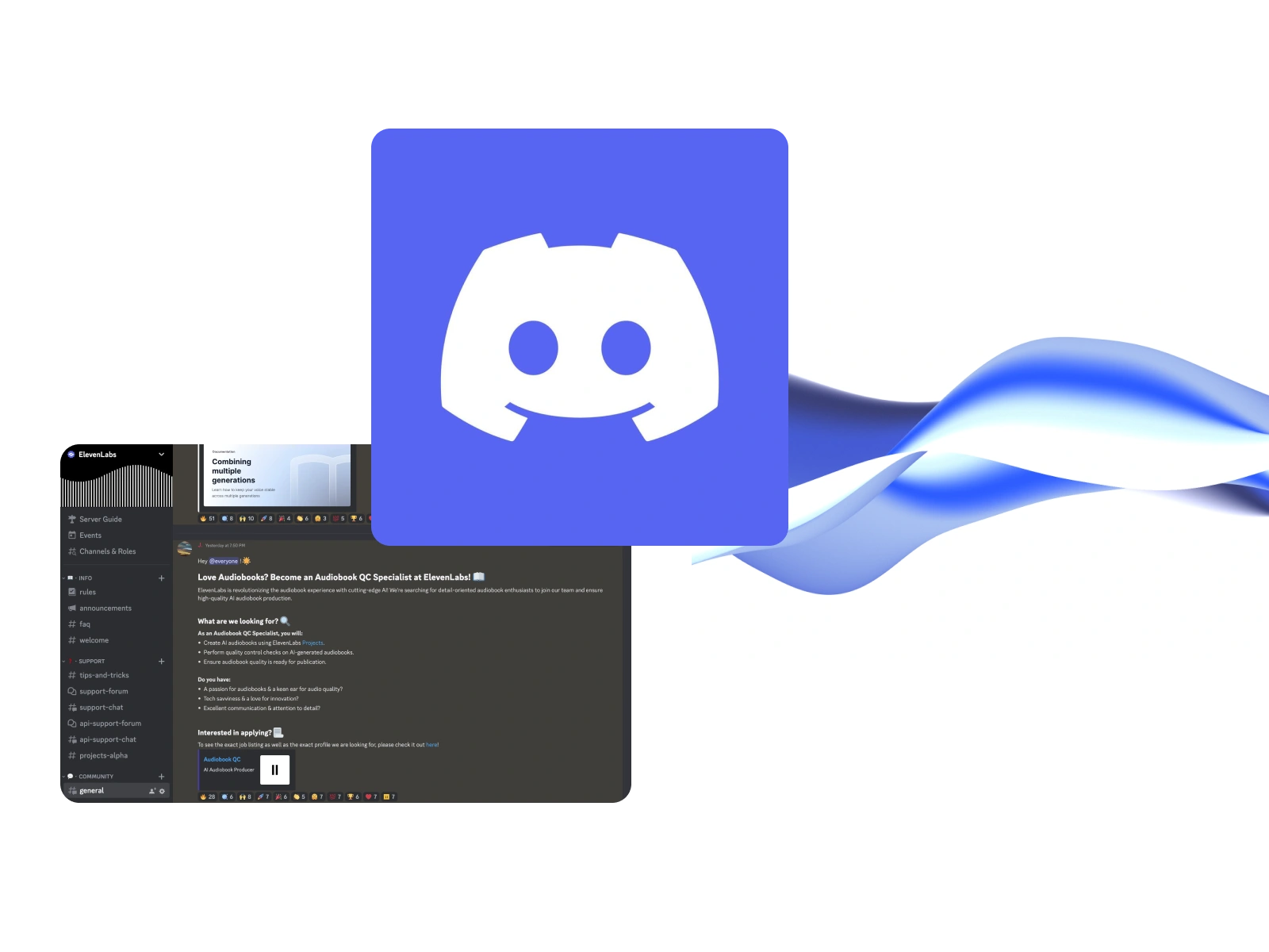 Discord logo over a background of a computer screen with a Discord server interface.