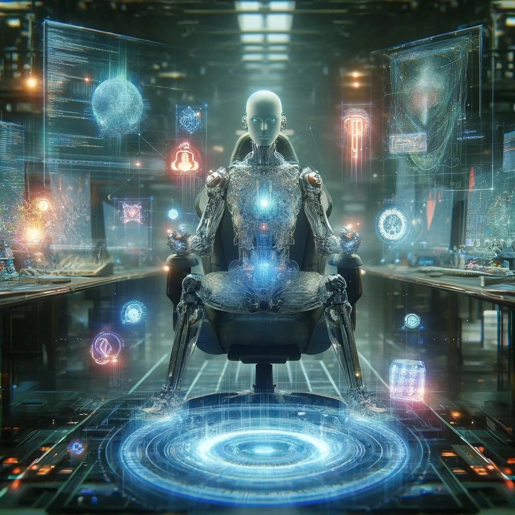 A humanoid robot with a digital, holographic interface in a high-tech control room.