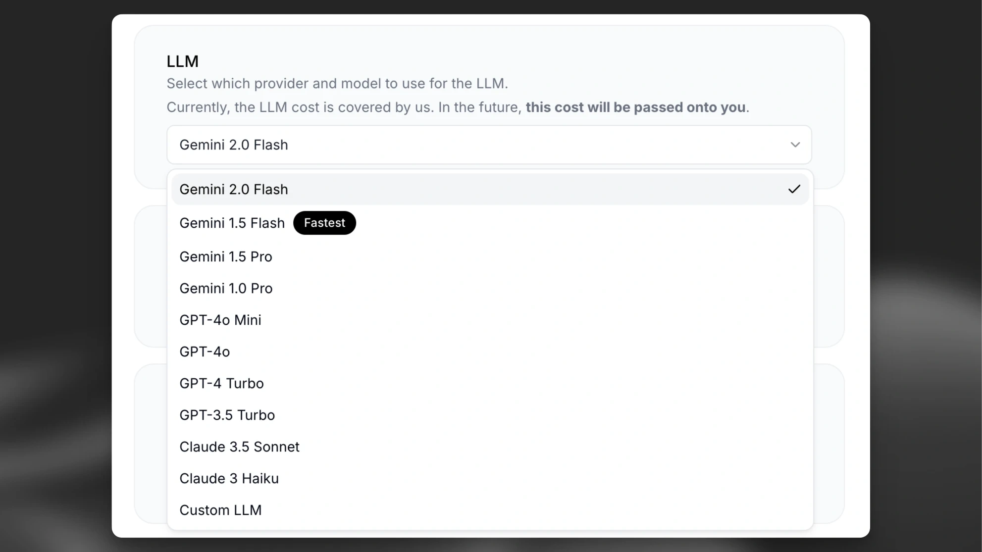 Dropdown menu showing different AI language model options for selection.