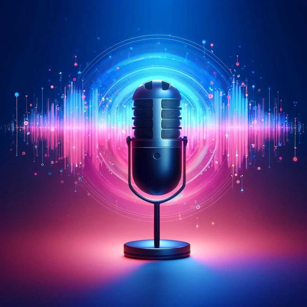 A vintage-style microphone with colorful digital sound wave graphics in the background.