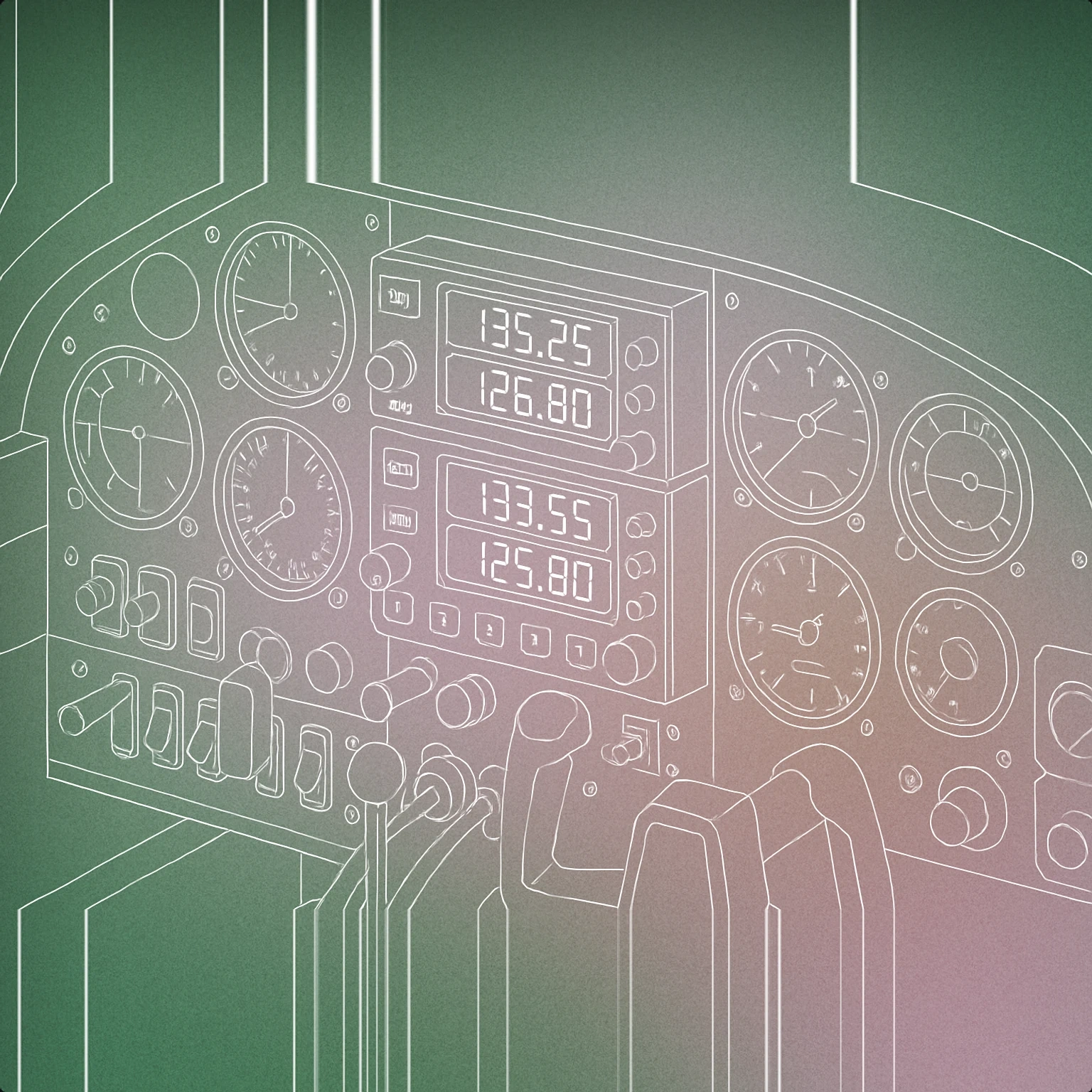 Cover of an aeroplane cockpit dashboard with a prominent radio communication panel for Aeroplane sound effects