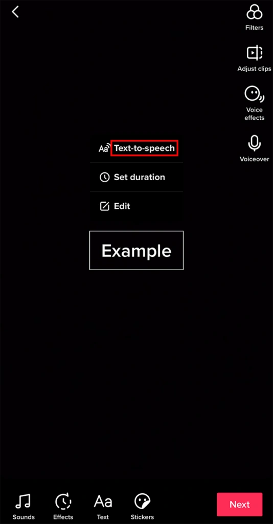 Screen showing editing options for a video, with "Text-to-speech" highlighted in red.