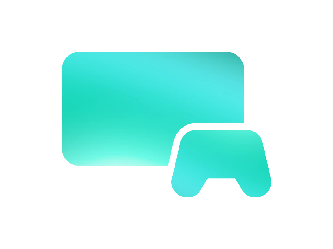 Chat bubble and game controller icons with a gradient blue color.