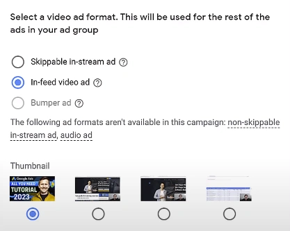 Select an in-feed video ad format with a thumbnail preview.