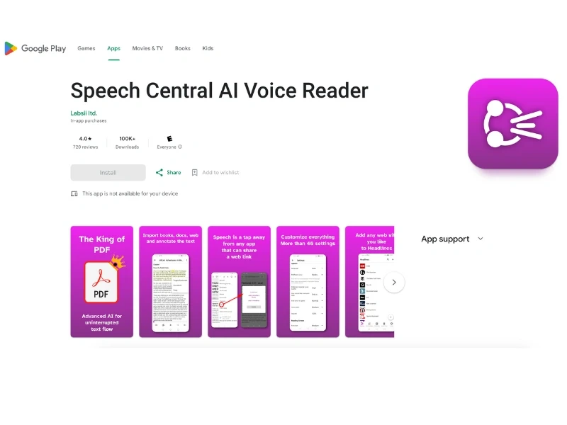 Screenshot of the Speech Central AI Voice Reader app page on Google Play, showing app features and download options.