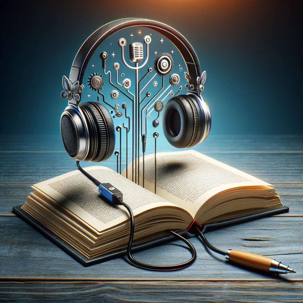 An open book with headphones and a pen, with the headphones connected to a circuit-like structure with gears and a microphone, floating above the book.